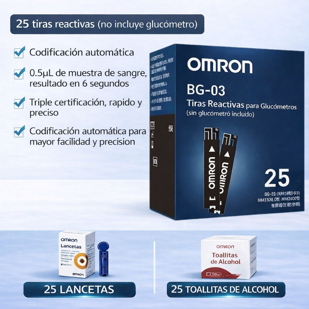 Tiras Reactivas para Medición de Glucosa Caja de 25 Unidades, Lectura Rápida en 6 Segundos. Incluye 25 Lancetas y 25 toallitas húmedas. Compatible con LT334