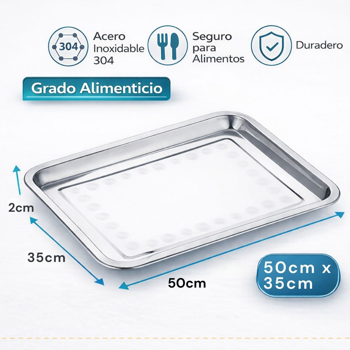 Bandeja Cuadrada de Acero Inoxidable 304 Grado Alimenticio, Bordes Redondeados y Acabado Espejo, Uso Doméstico y Comercial 50x35x2cm
