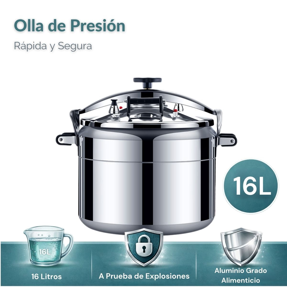Olla de Presión De Cocción Rápida , Sistema de Seguridad con Válvulas Dobles A Prueba de Explosiones, Compatible con Gas y Cocina Eléctrica. Capacidad 16 Litros.30 cm