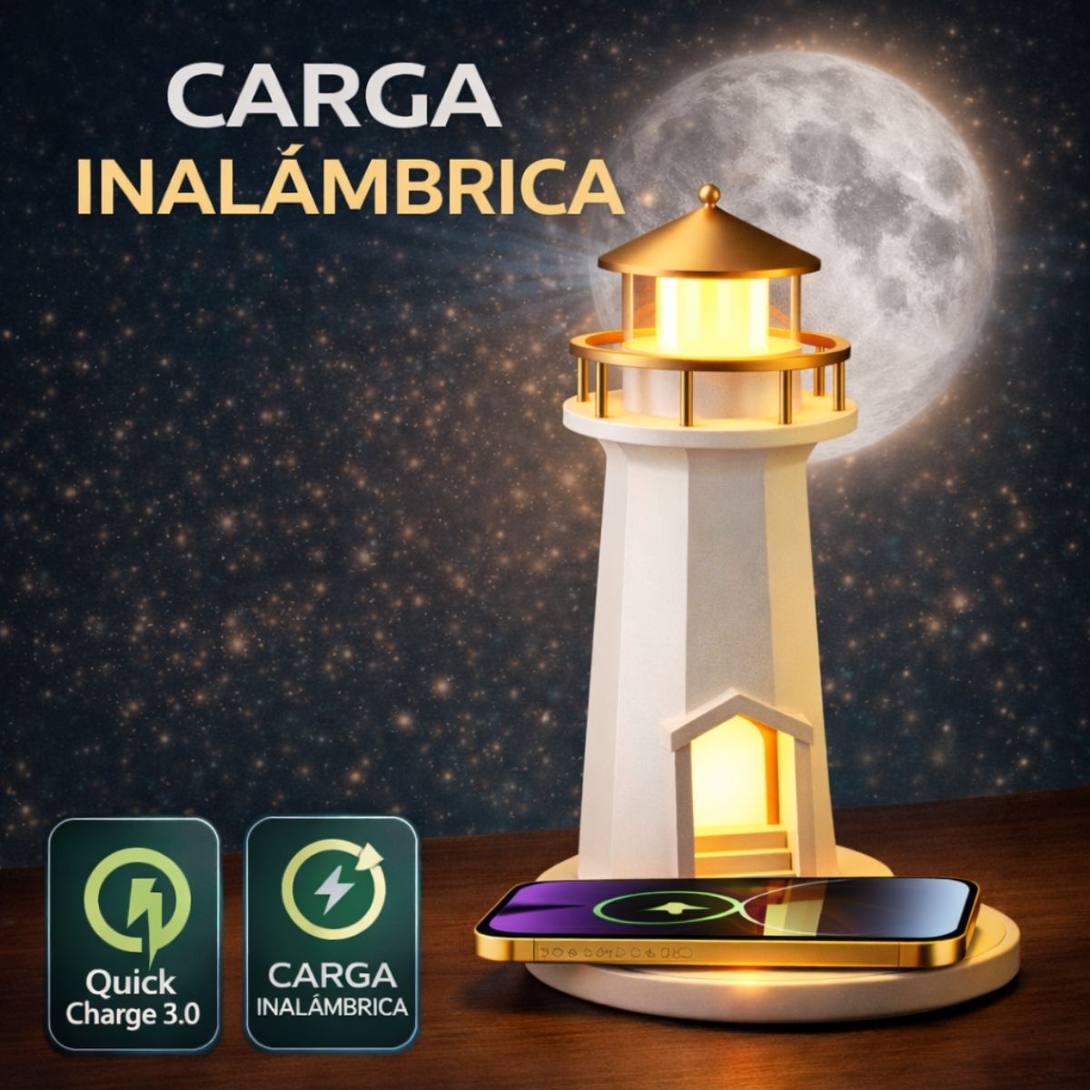 Lámpara Decorativa Tipo Faro con Proyector De Luna Llena Luz RGB, Altavoz Bluetooth y Cargador Inalámbrico.