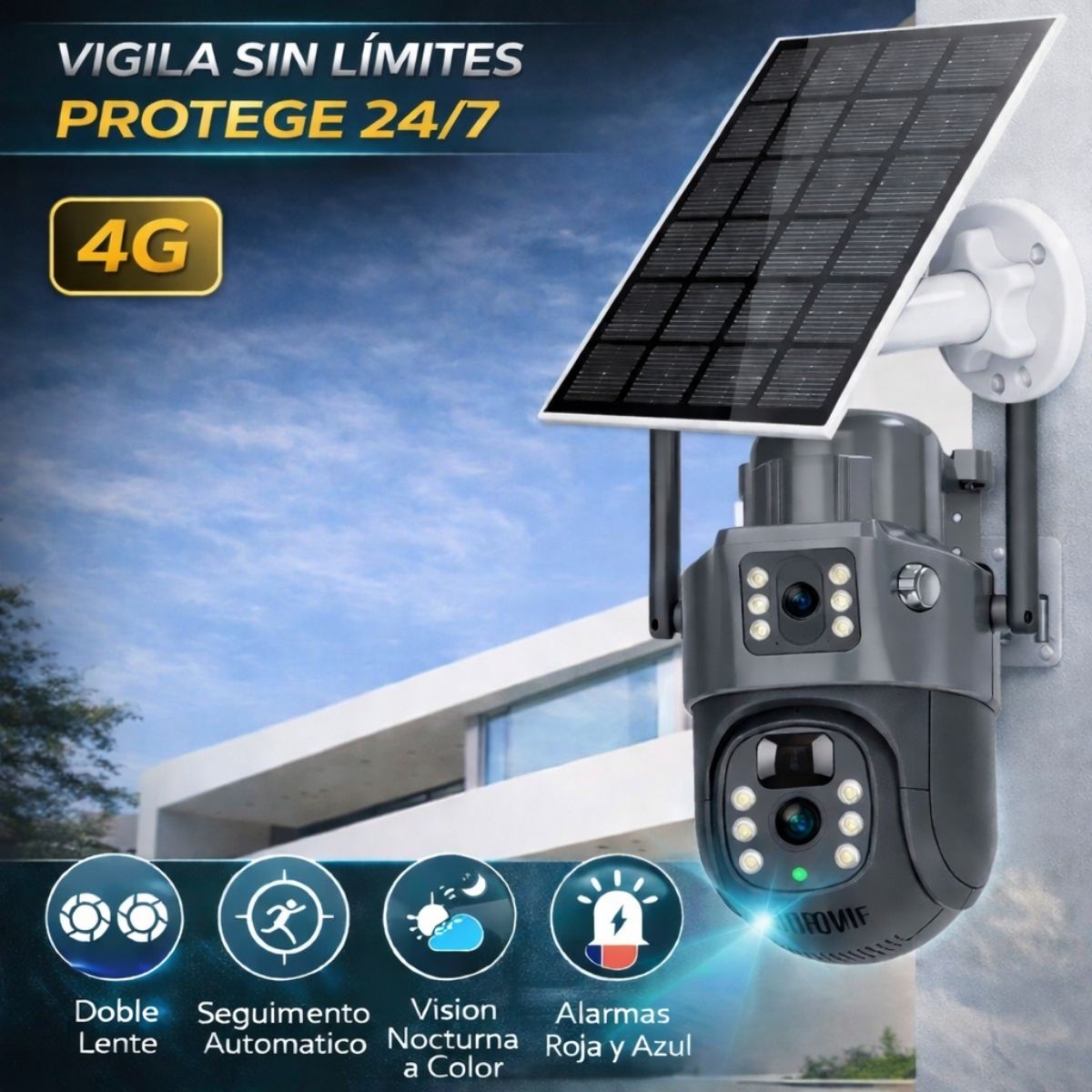 Cámara de Seguridad Solar Exterior 4G con Panel Solar Y Doble Lente 360°, Detección PIR y Visión Nocturna HD. Camara de Videovigilancia PTZ y SD 32G. Color Gris.