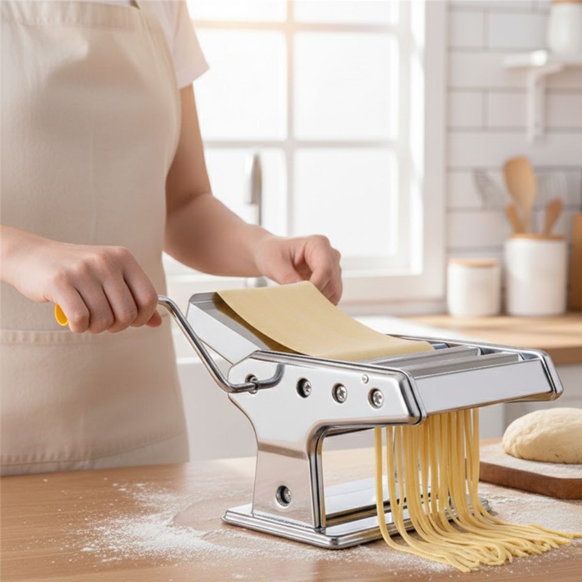 Máquina Manual para Hacer Pasta y Fideos de Acero Inoxidable con 6 Niveles de Grosor y 3 Cortes Ajustables. 230X210X195mm