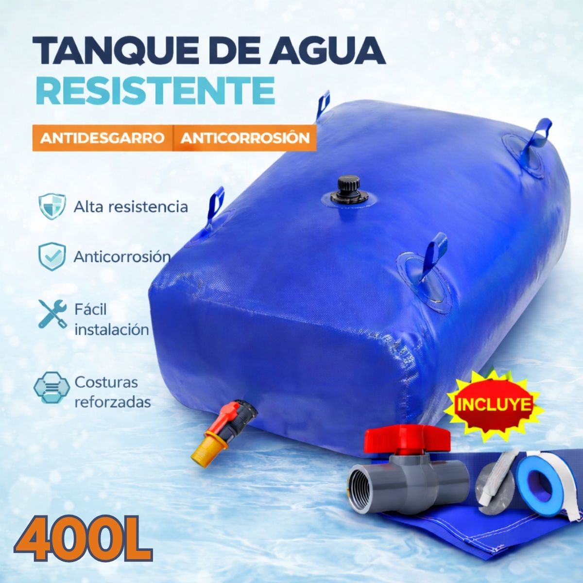 Tanque de Agua De 400 L Flexible PVC Reforzado Tipo Almohada para Riego Agrícola y Almacenamiento. Bolsa Plegable Portátil (1x0.8x0.5m) Cisterna Portátil.