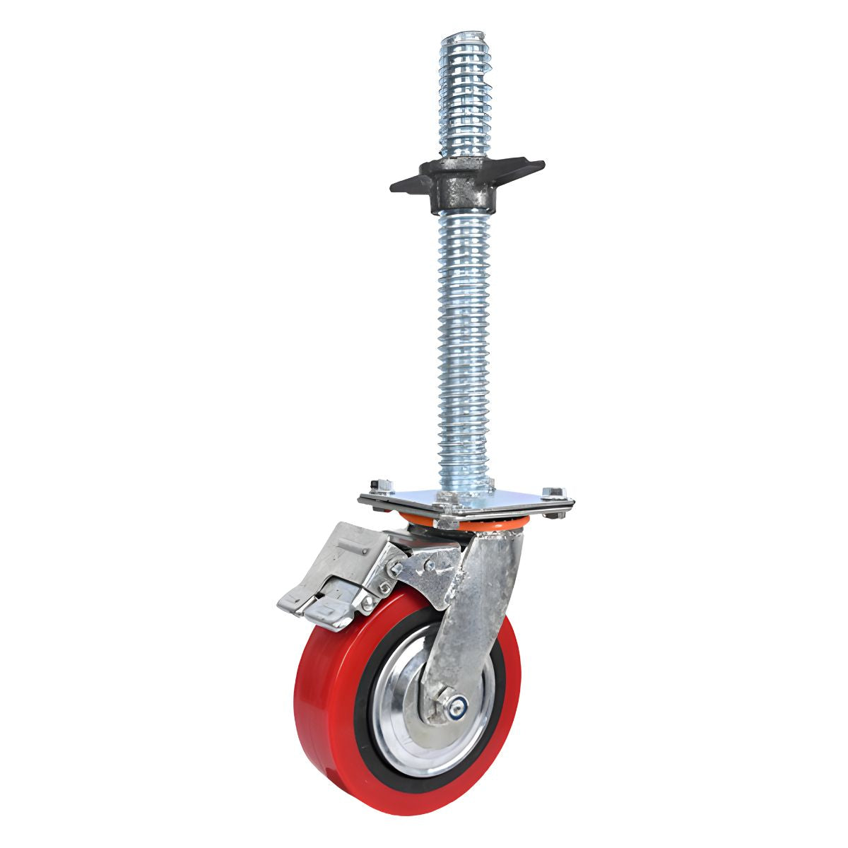 Rodaja para Andamio de 6" con Tornillo Nivelador. Rueda Industrial con Núcleo Metálico, Freno y Rosca Gruesa Ajustable.