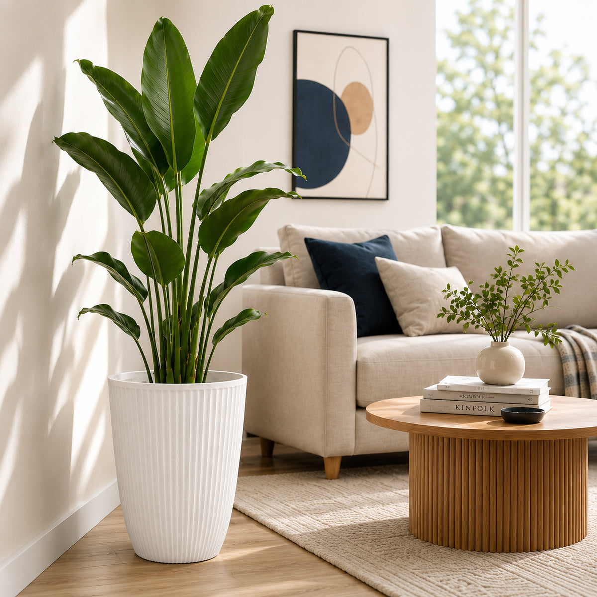 Maceta Alta Decorativa Blanca con Acabado Cerámico Mate para Interior y Exterior D35*H47cm Resistente a Rayos UV.