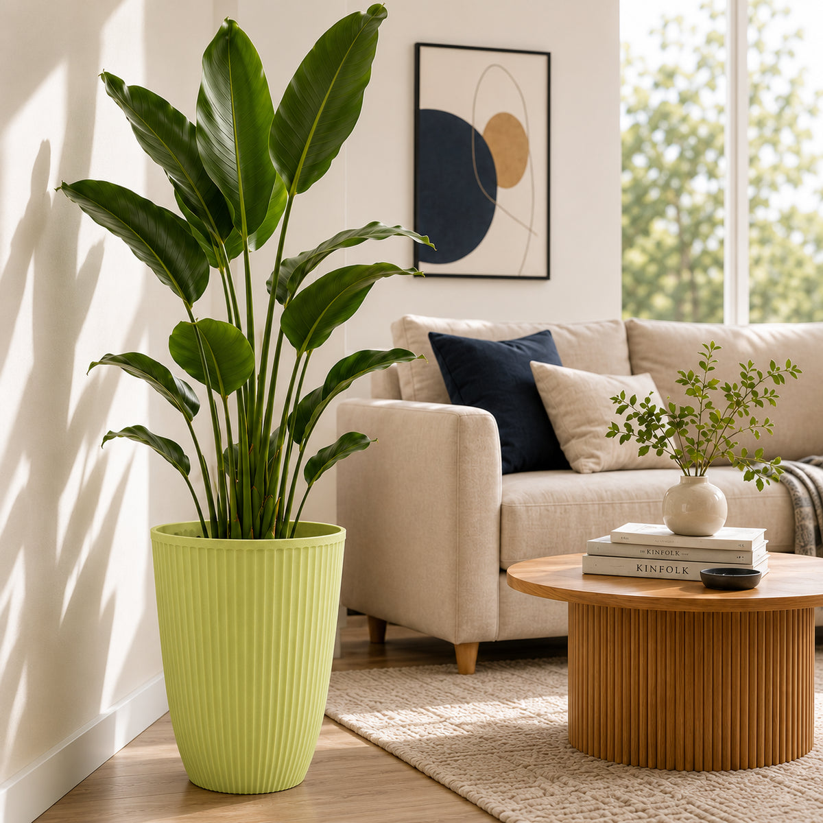 Maceta Alta Decorativa Beige con Acabado Cerámico Mate para Interior y Exterior D35*H47cm Resistente a Rayos UV.