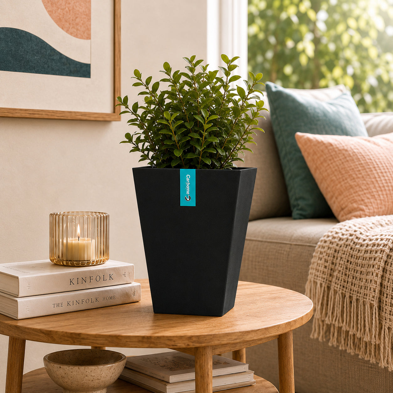 Maceta Decorativa Cuadrada Negra con Acabado Cerámico Mate para Interior y Exterior L15*H23cm Resistente a Rayos UV.