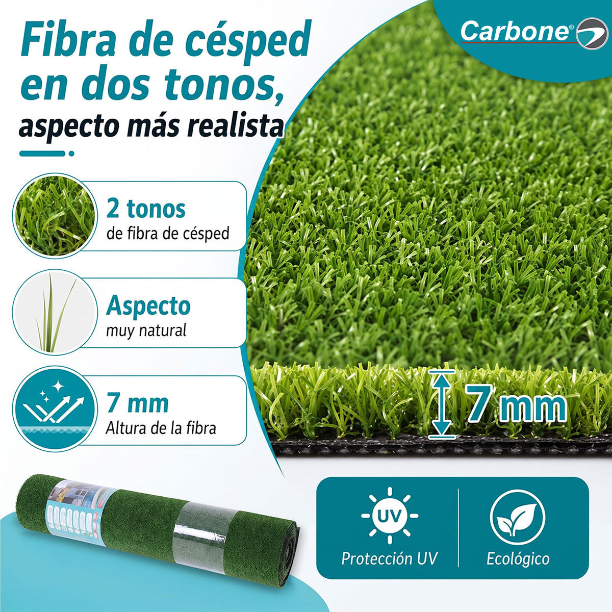 Césped Artificial Verde en Rollo 1 x 5 m con Fibra de 7 mm. Resistente a Rayos UV para Jardines, Balcones y Terrazas. (1 año garantia)