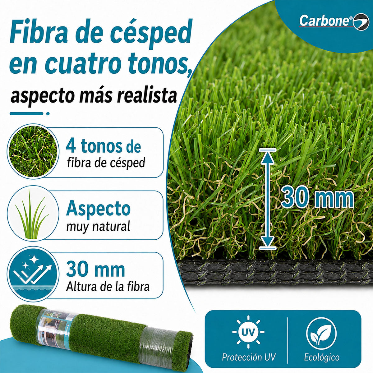 Césped Artificial Verde en Rollo 1 x 5 m con Fibra de 30 mm. Resistente a Rayos UV para Jardines, Balcones y Terrazas. (7 años Garantia)