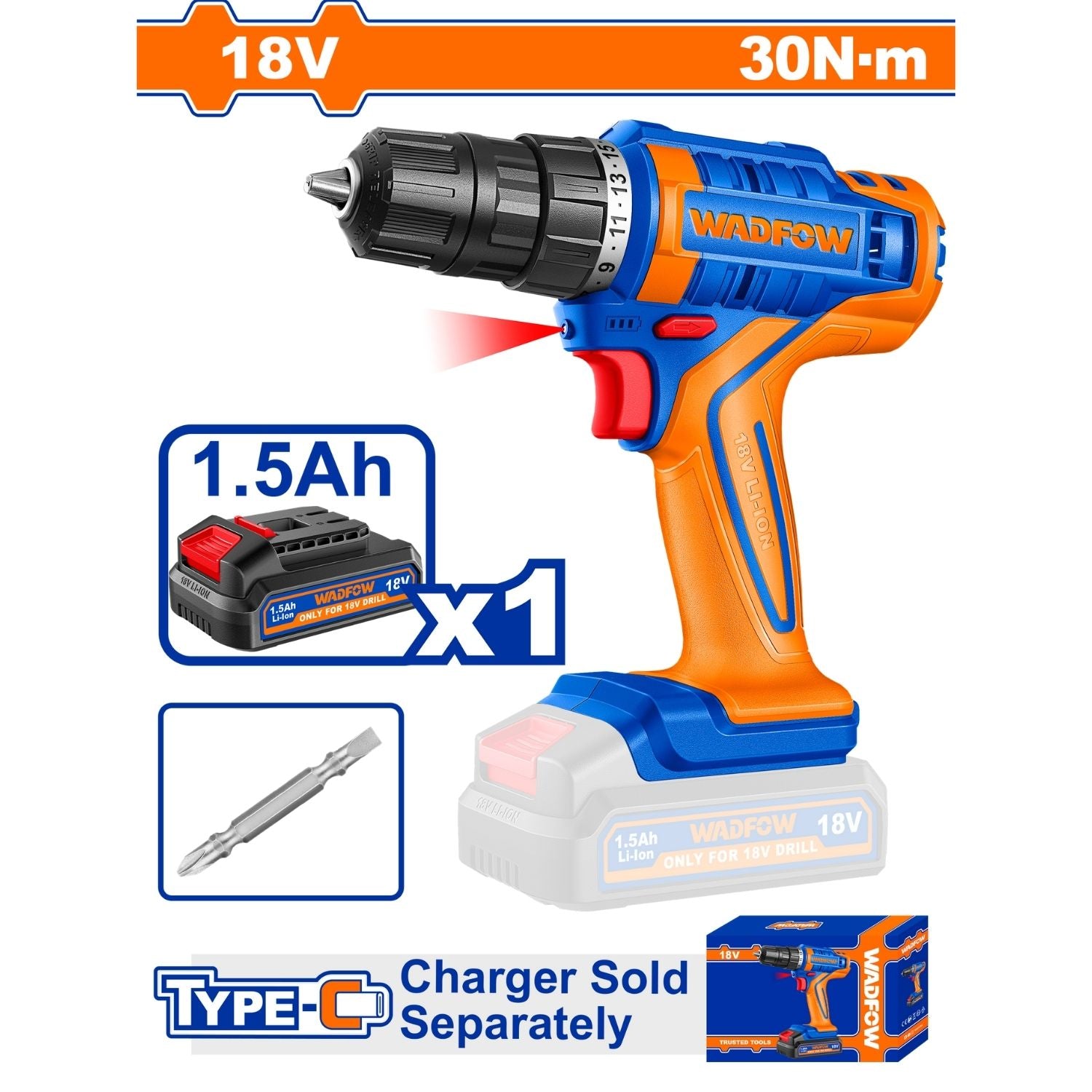 Taladro drill inalámbrico de 18V 1/32-3/8" 30Nm Incluye batería y cargador USB C