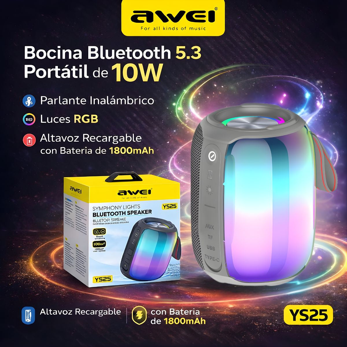 Bocina Bluetooth 5.3 Portátil 10W. Speaker Parlante Inalámbrico con Luces RGB. Altavoz Recargable con Batería de 1800mAh.