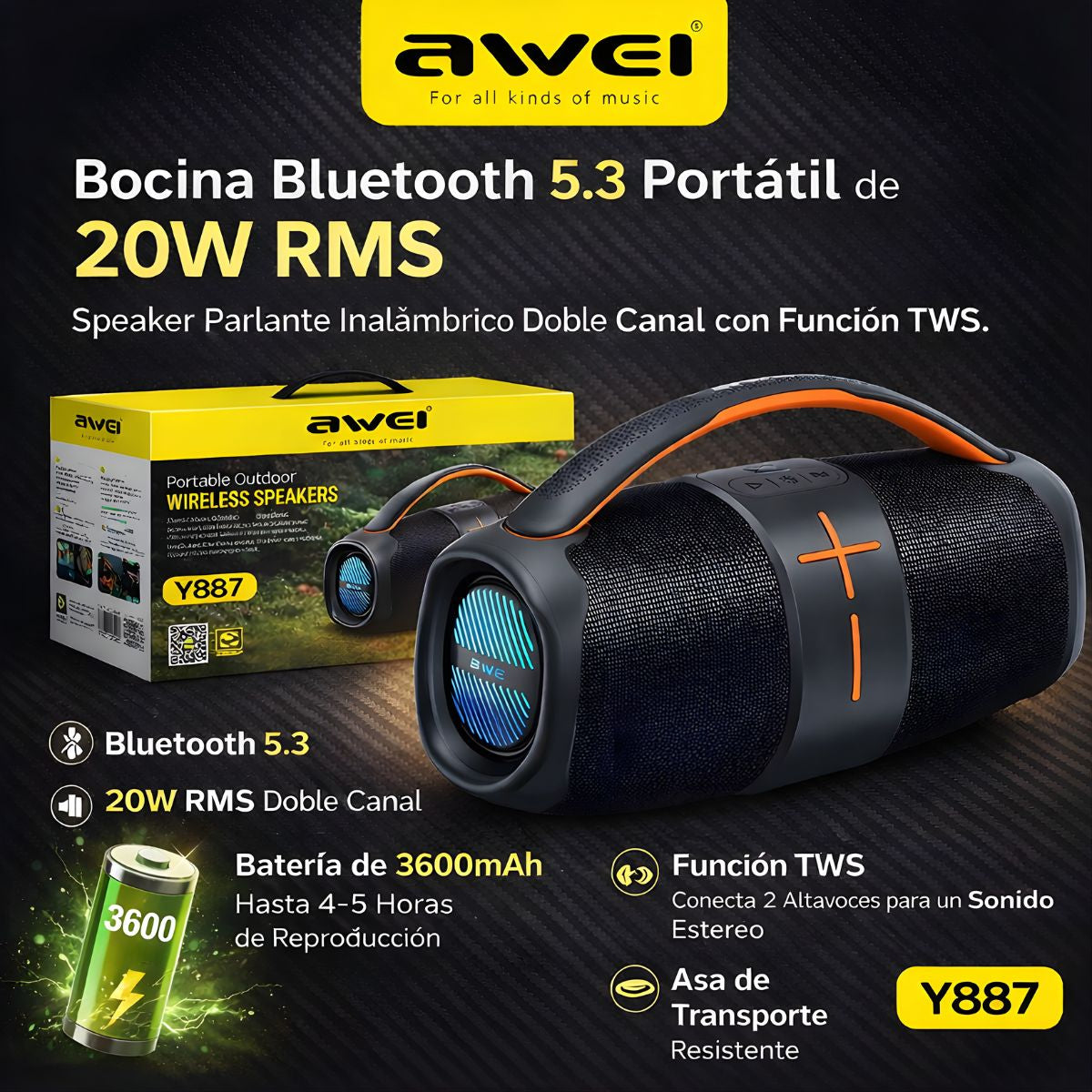 Bocina Bluetooth 5.3 Portátil de 20W RMS. Speaker Parlante Inalámbrico Doble Canal TWS. Altavoz Recargable con Batería de 3600mAh y Asa de Transporte.