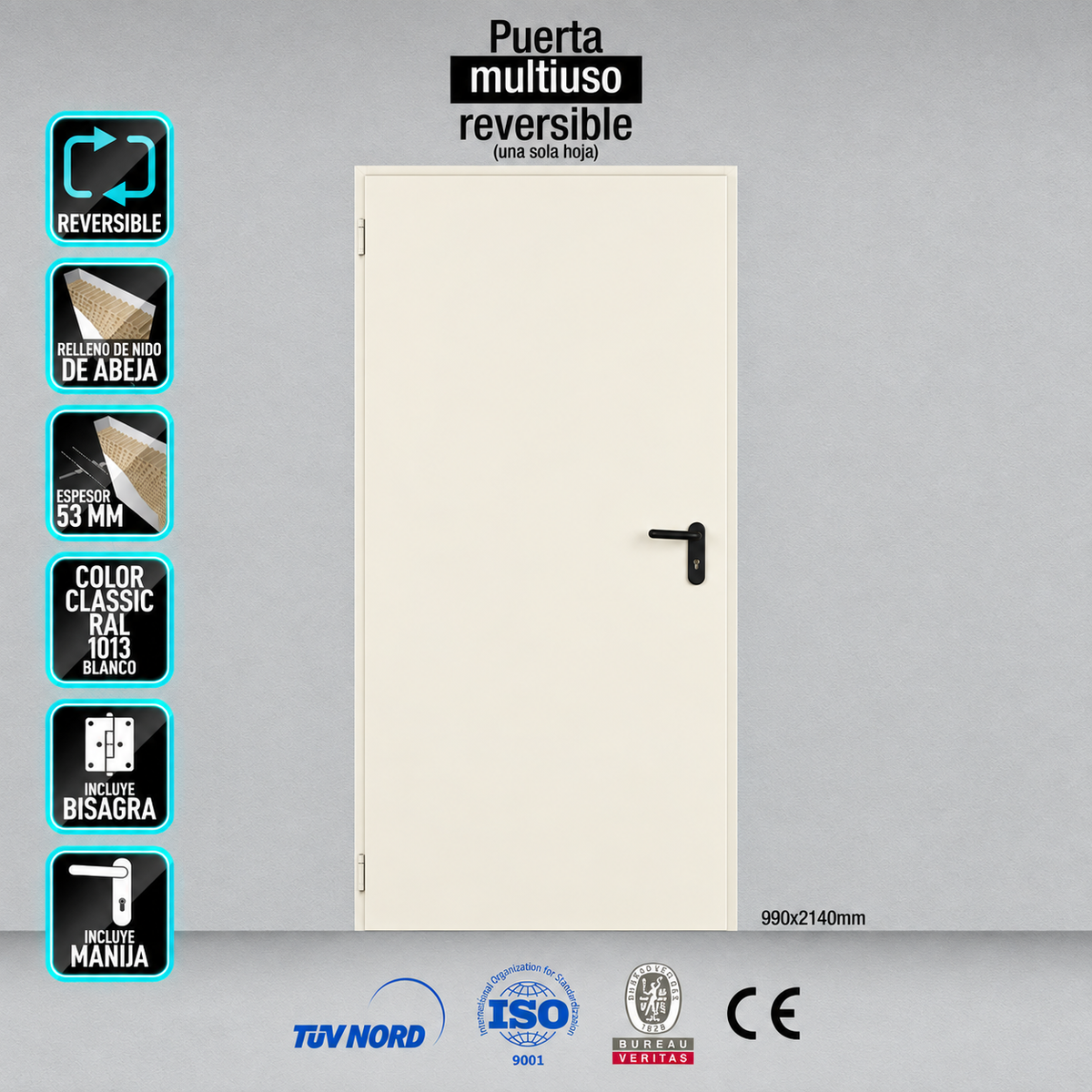 Puerta Multiuso Reversible 990x2140mm marco MC3 color Blanco CREMA RAL 1013 (No incluye cilindro, se vende por separado)