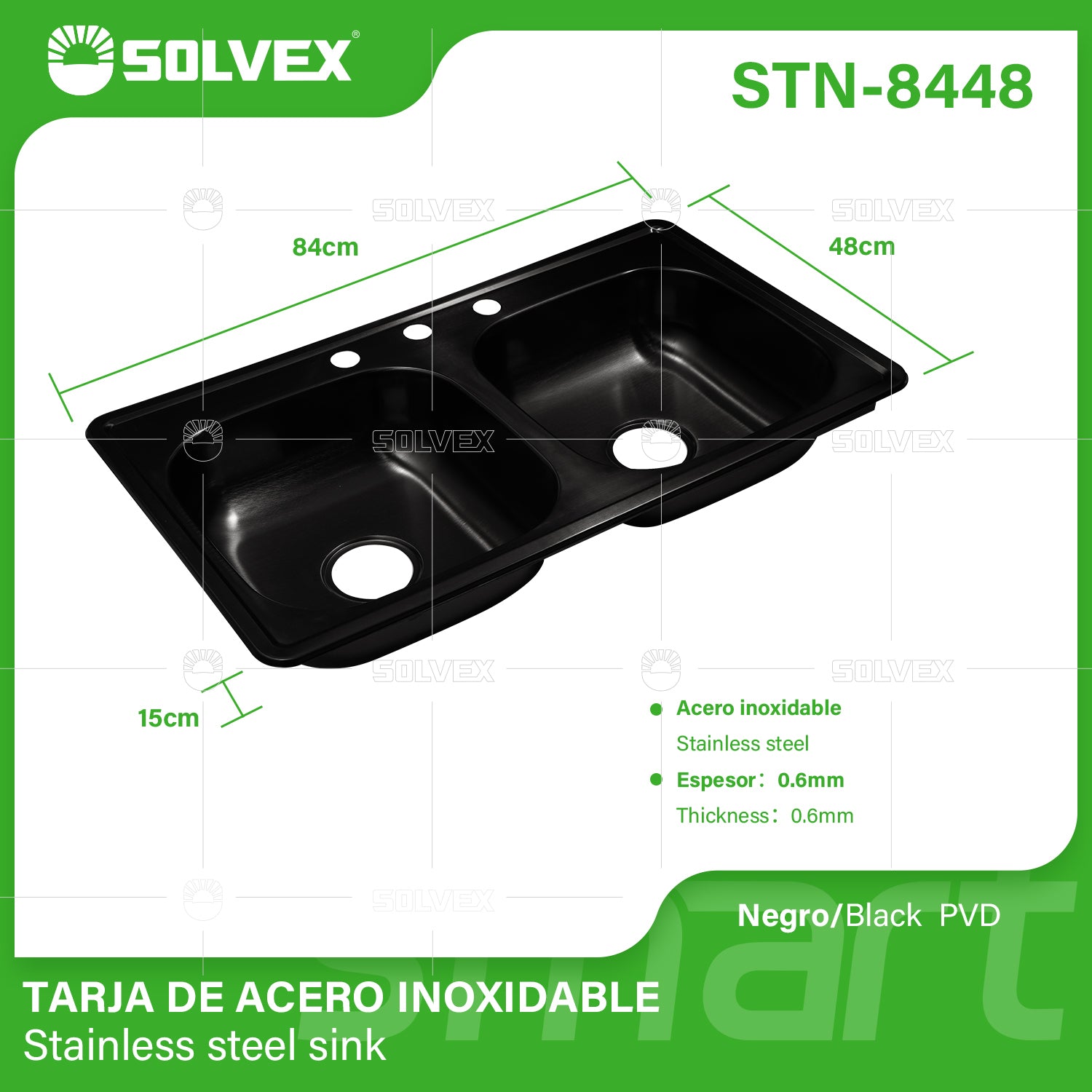 fregador de Cocina Empotrable con Doble Tina 84x48x15cm. Acero Inoxidable. Color Negro.