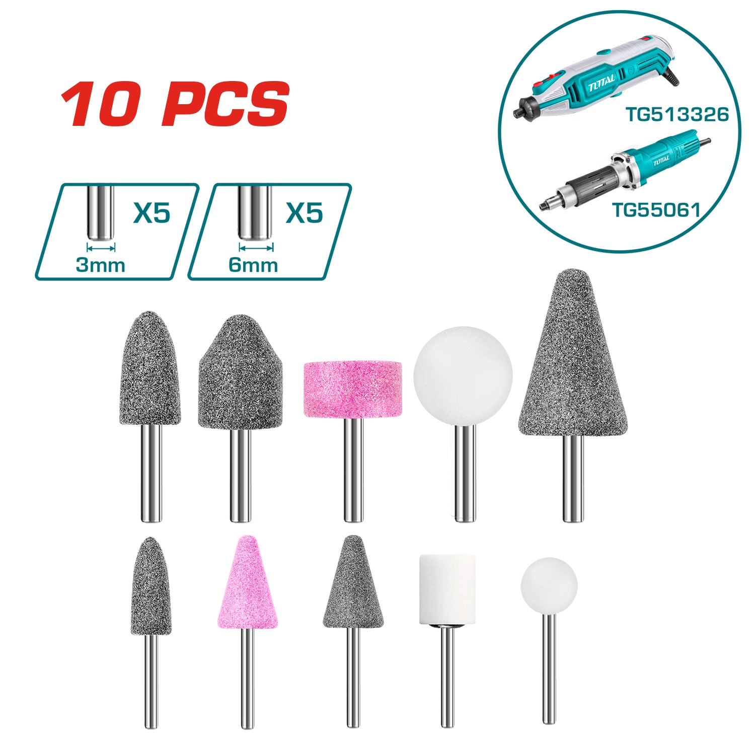 Mini Mototool y Mini Amoladora 10 Pzas (Fresas, conos, balas) UTG513326 TG2006 UTMGLI12011