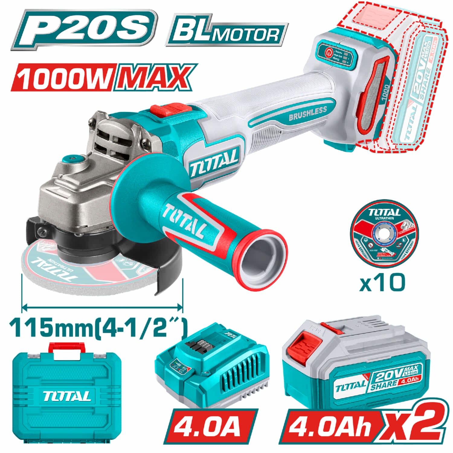 Flexible Esmeriladora Inalámbrica 4-1/2" 20V 1000W. Motor sin escobillas. Incluye Discos, Batería, Cargador Y Estuche. Esmeril Angular.