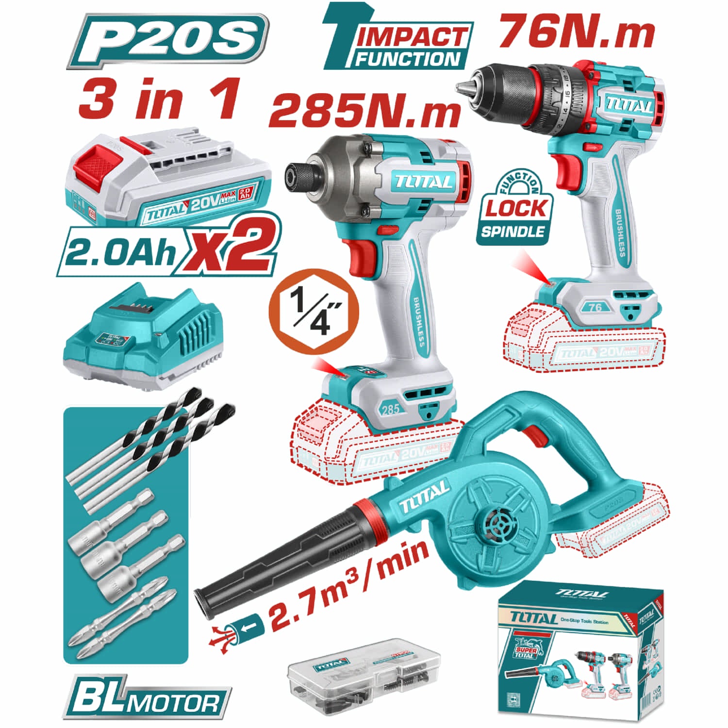 Super Combo del Mes Total 20V Perforadora de Impacto 76Nm Destornillador 285Nm Sopladora 2.7 m³/min POCAS UNIDADES.