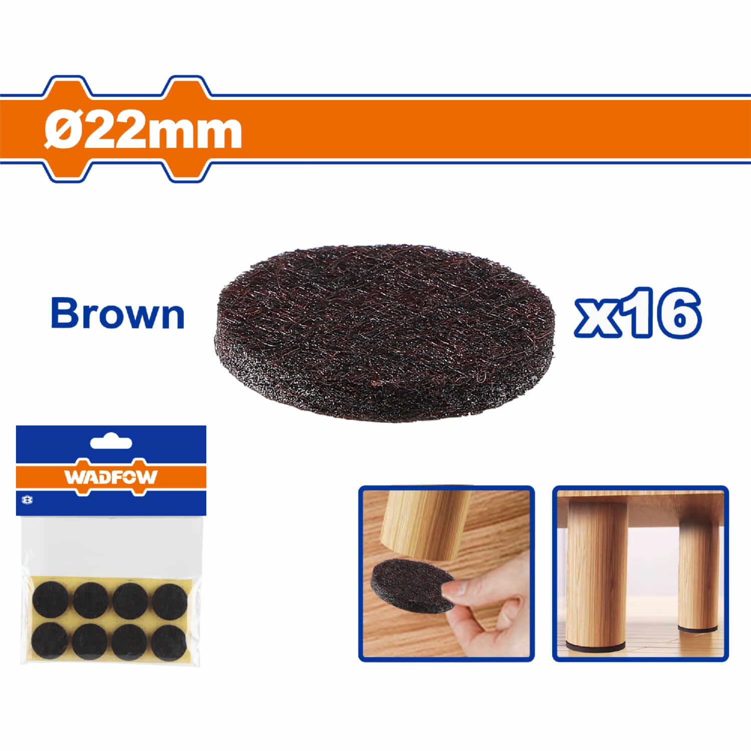 Almohadillas autoadhesivas. φ22mm Marrón Grosor: 3mm Set de 16 piezas. Fieltros parches deslizadores