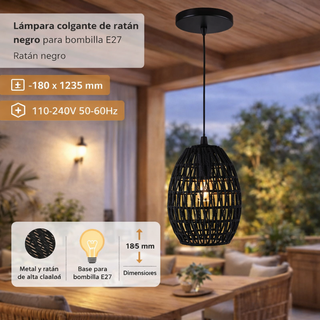 Lámpara Colgante Negra 1XE27 180x1235mm Elegancia Natural