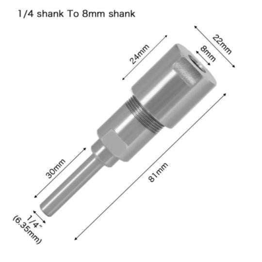 Adaptador extension para vastagos de router 1/4inch to 8mm