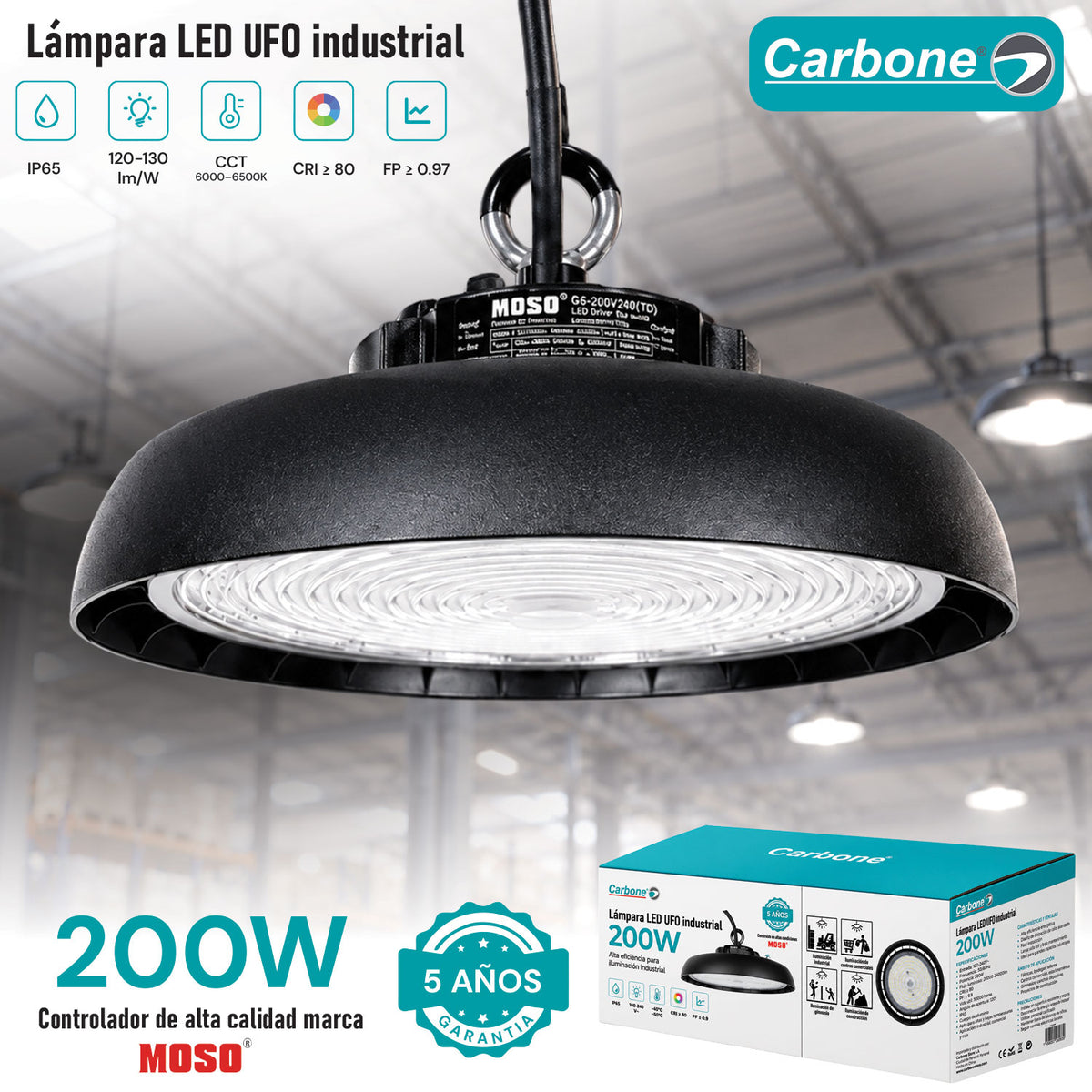 Lámpara LED UFO Industrial 200W High Bay IP65 6500K. Iluminación Potente. Ideal Para Bodegas Galeras Talleres Y Comercios (320x147mm).