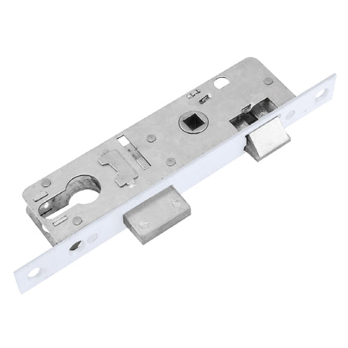 Cerradura perfil angosto de pestillo doble manija.color blanco. Backset 23 mm; 14x38x146 mm. C-C 66
