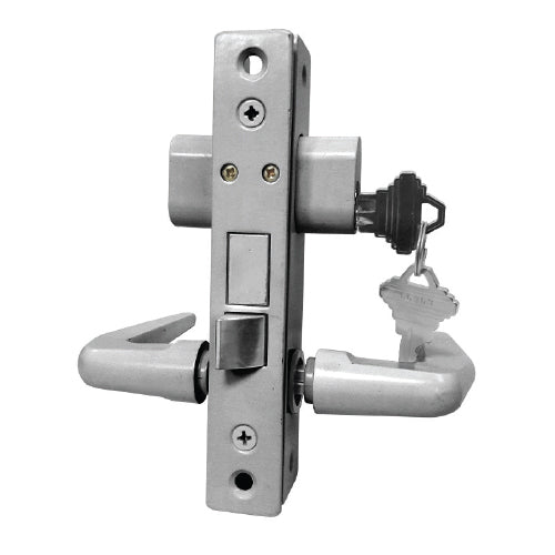 Set cerradura pestillo perfil angosto con manija. silver., llave por ambos lados , 2 llaves, placa
