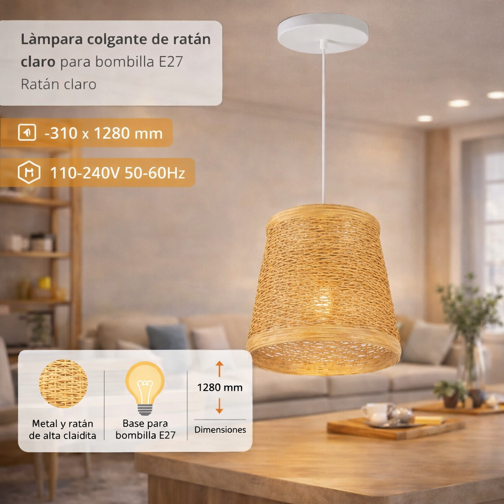 Lámpara Colgante de Rattan Madera 1XE27 310x1280mm Elegancia Natural