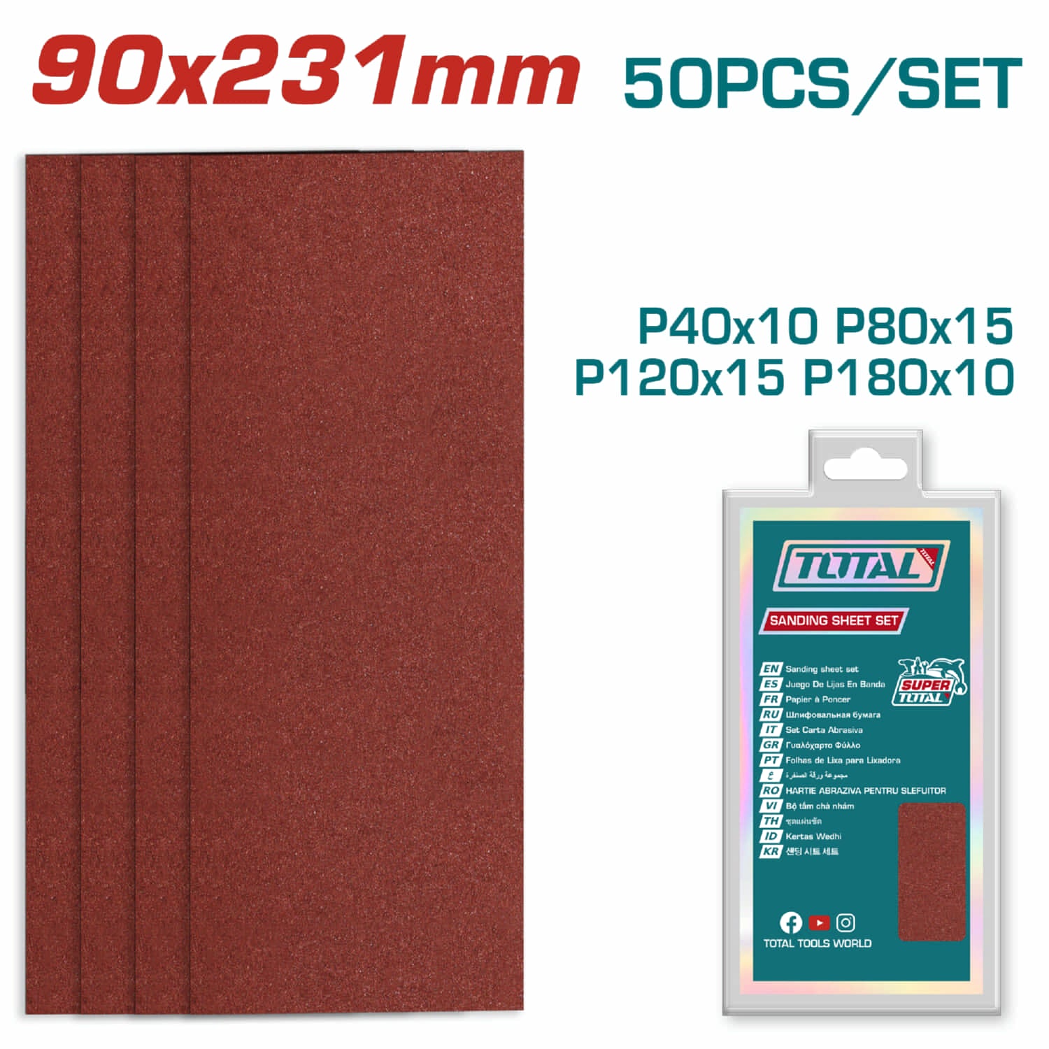 Papeles de Lija 90x231mm P40 P80 P120 P180 Adecuado para lijar madera, pared, metal y vidrio. Set de 50 piezas.