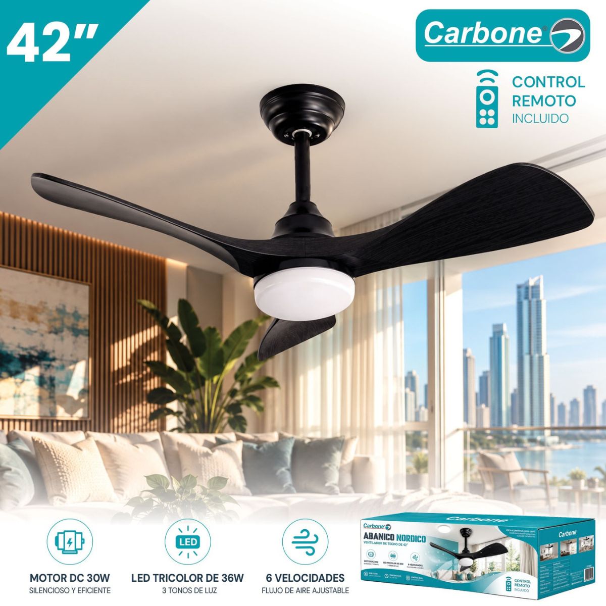Abanico Nórdico de Techo LED 3 Tonos de Luz 42" 36W con Control Remoto 6 Velocidades. Ventilador Reversible con Temporizador Motor DC 30W. Aspas Color Negro