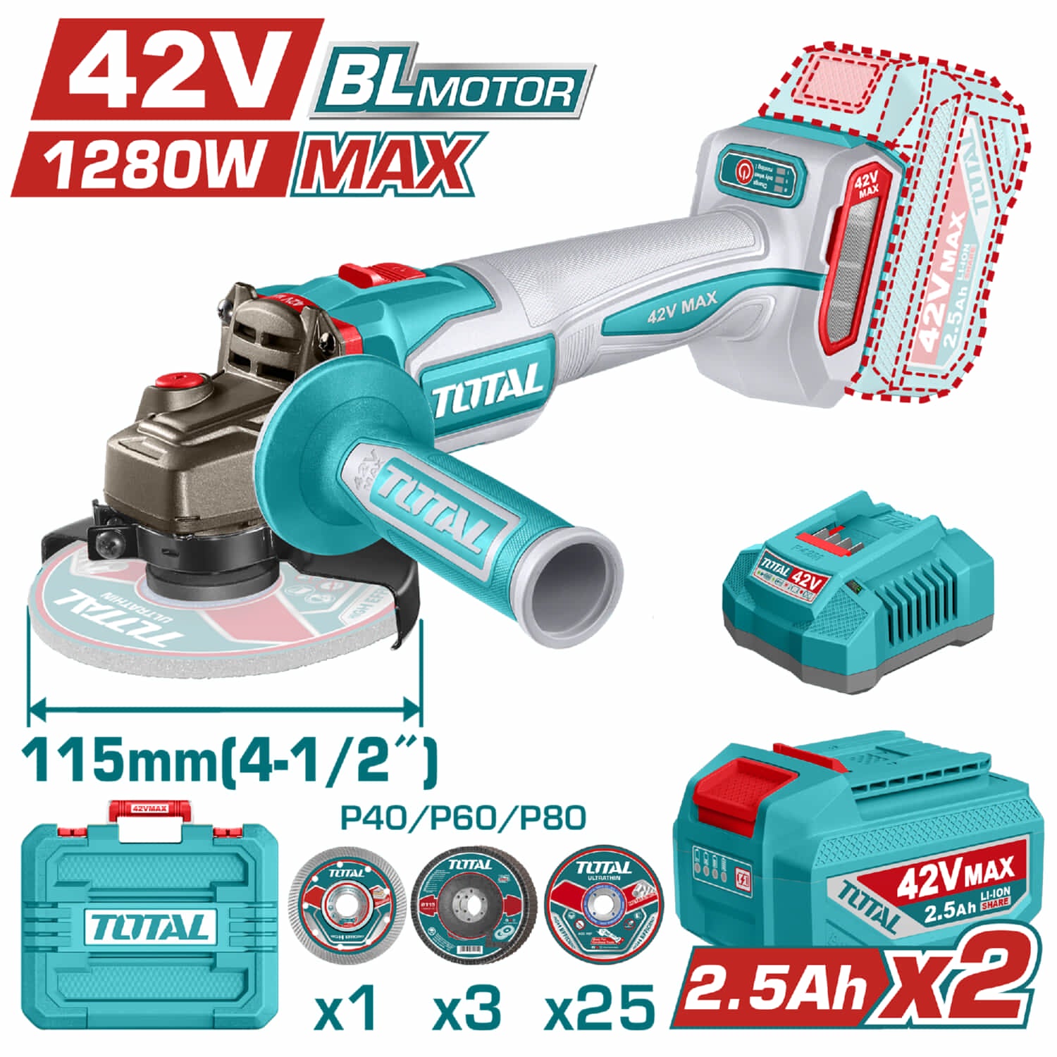 Flexible esmeriladora Inalámbrica 4 1/2" 42V Potencia de entrada: 1280W Incluye discos, batería, cargador y estuche. Esmeril angular