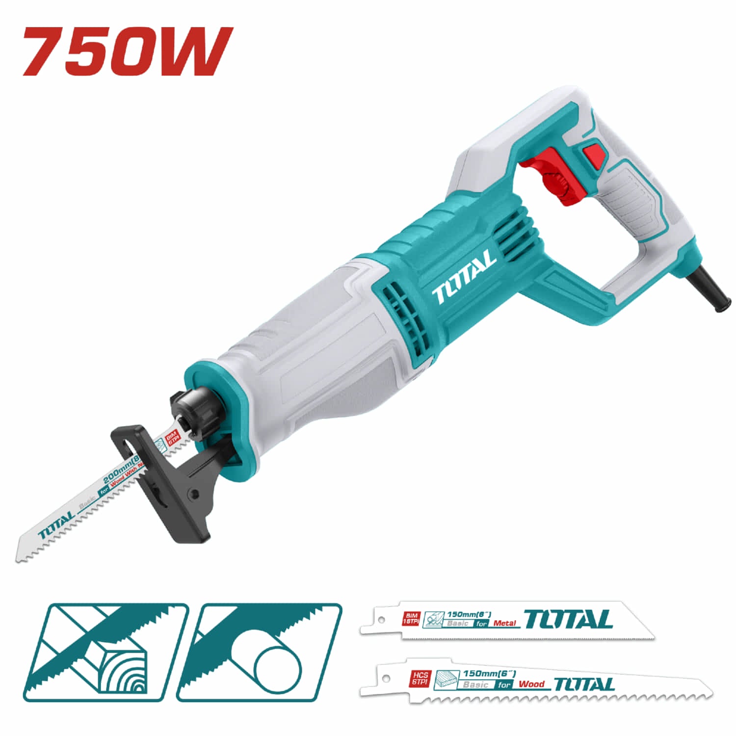 Sierra sable reciproca, Voltaje 110-120V~50/60Hz, Potencia de 750W,Velocidad sin carga:900-3300rpm Incluye accesorios.