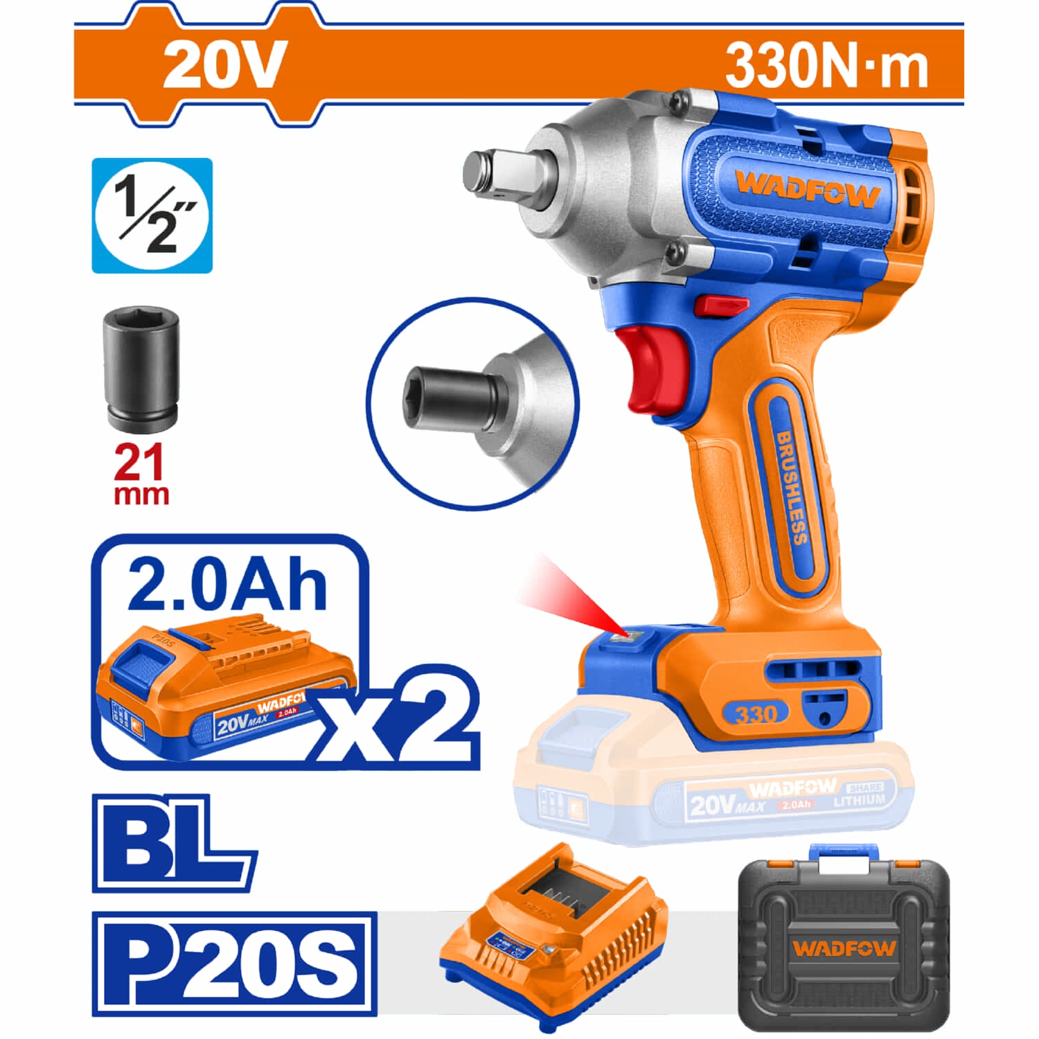 Llave impacto dado cuadrado 1/2" 20V Motor sin escobillas 330NM. Velocidad sin carga 0-2300rpm Incluye 2 baterías 1 cargador y 1 socket.