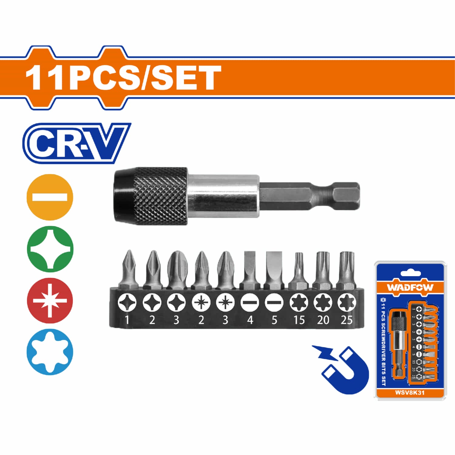 Puntas de destornillador con adaptador PH, SL, PZ, T. Cr-V Magnético Adaptador Set 11 pzas.