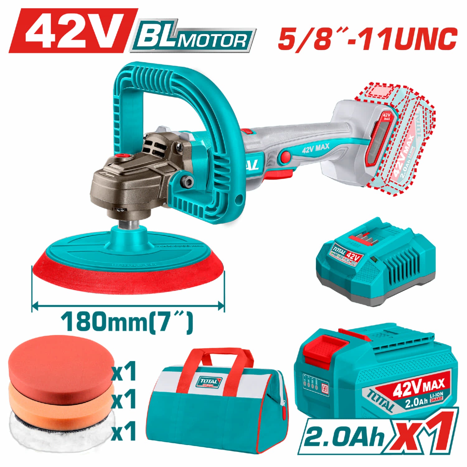 Pulidora Inalámbrica 42V 7/8" Vel 400 - 2500 rpm Incluye accesorios, batería y cargador.