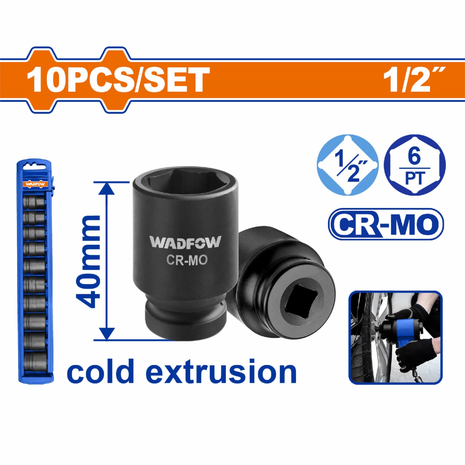 Dados Socket de Impacto de 1/2" Largo:40 mm. CrMo. Tamaños 10-24mm, Tratamiento Térmico. Set de 10 piezas.