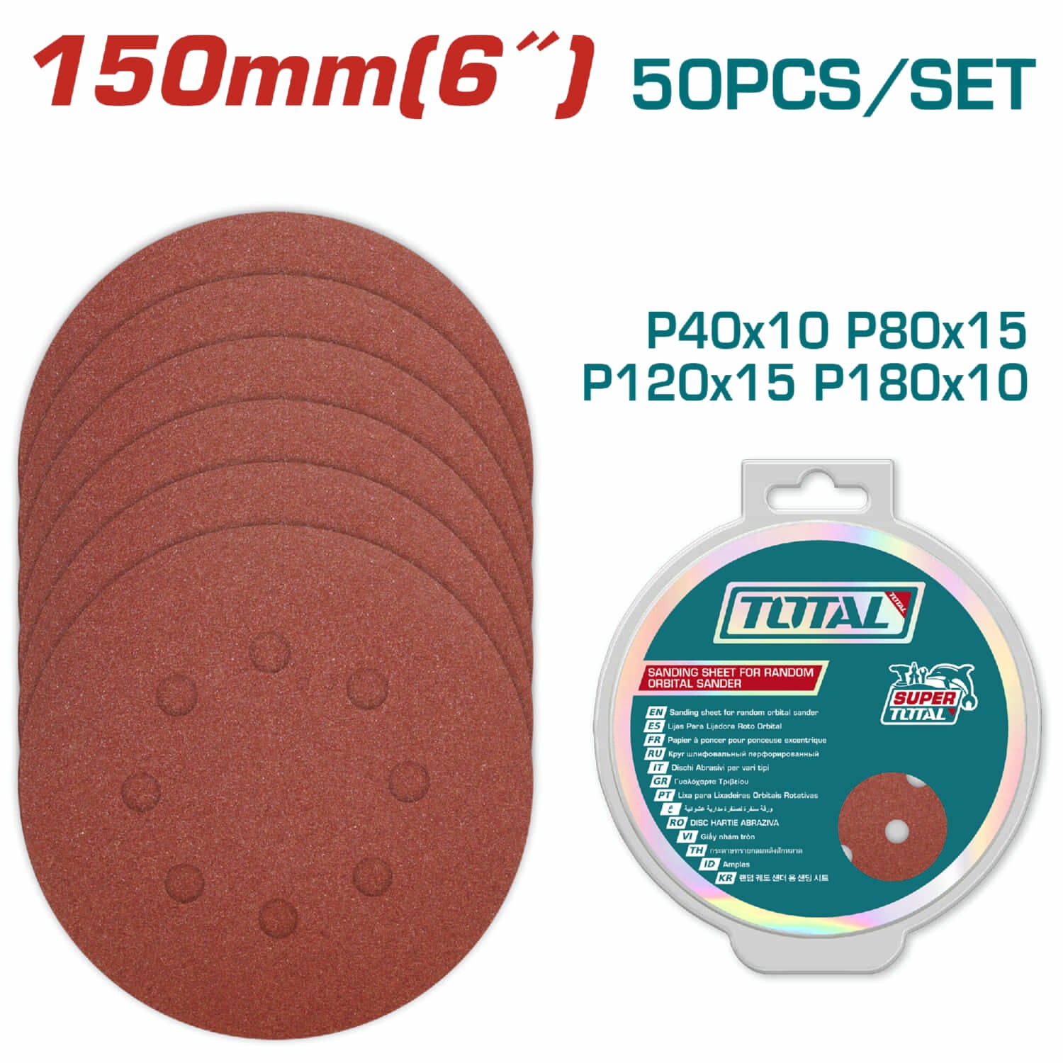 Lija circular para lijadora de drywall 6" P40 P80 P120 P180 Set de 50 piezas.