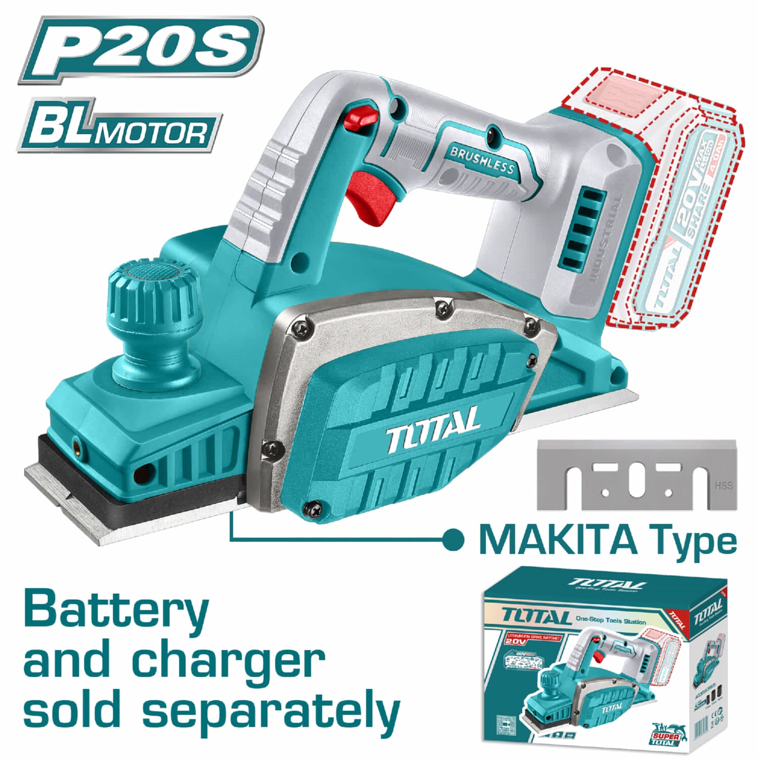 Cepillo Eléctrico De Madera Inalámbrico 320W 14000Rpm 82 x 2mm 20V. No incluye batería ni cargador.