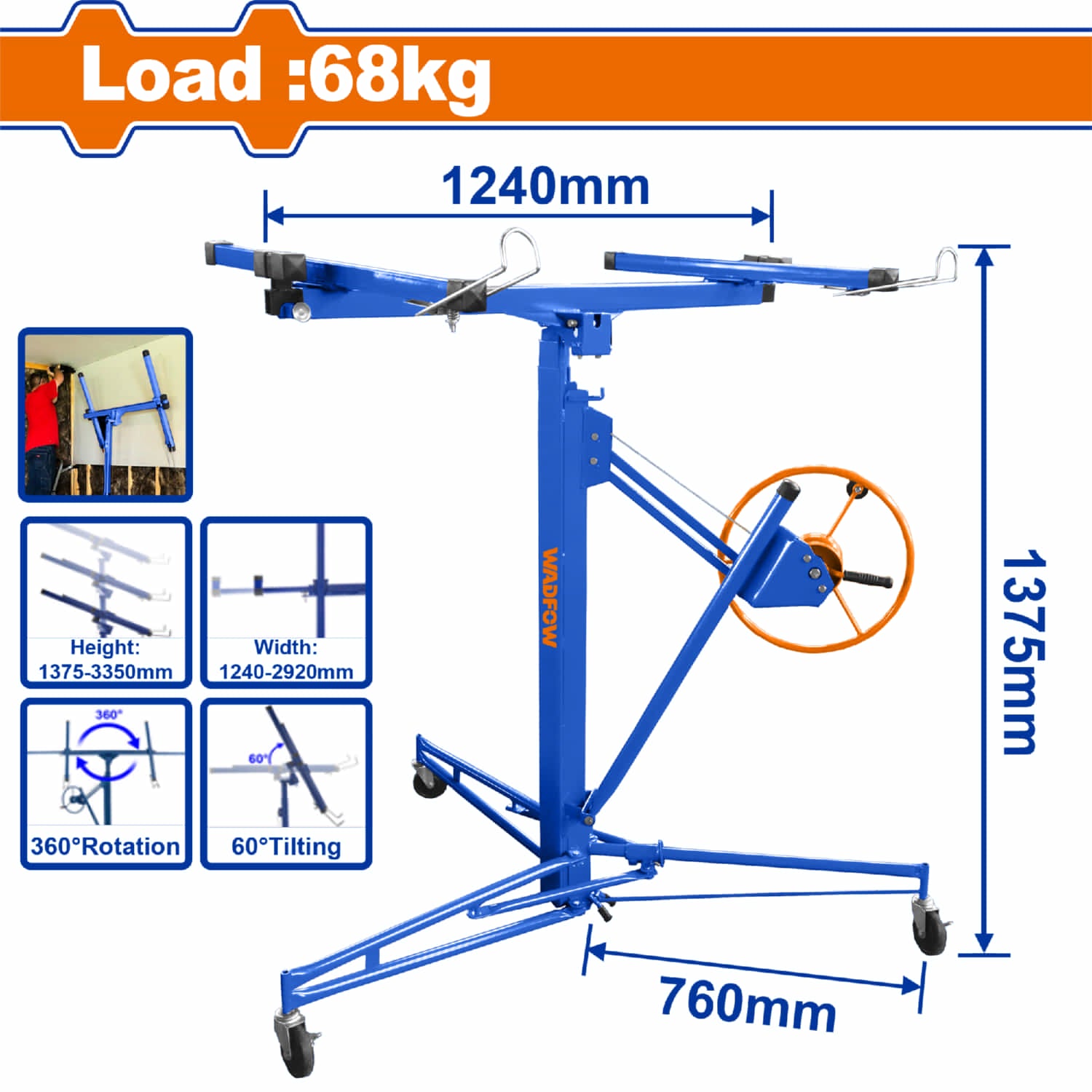 Grua Elevador para láminas de Gypsum Yeso Drywall Peso Max. 68Kg Tamaño: 48x192 Panel de Elevación Cartón Yeso