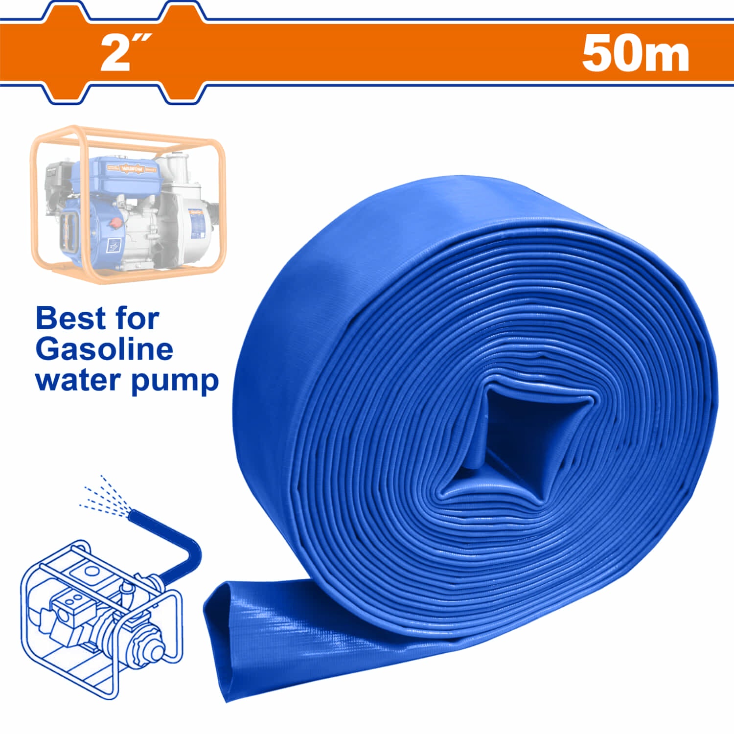Manguera plana para motobombas de PVC de 2" Longitud:50m Presión de trabajo:4Bar Diámetro interior: 51mm (2") Espesor:1mm