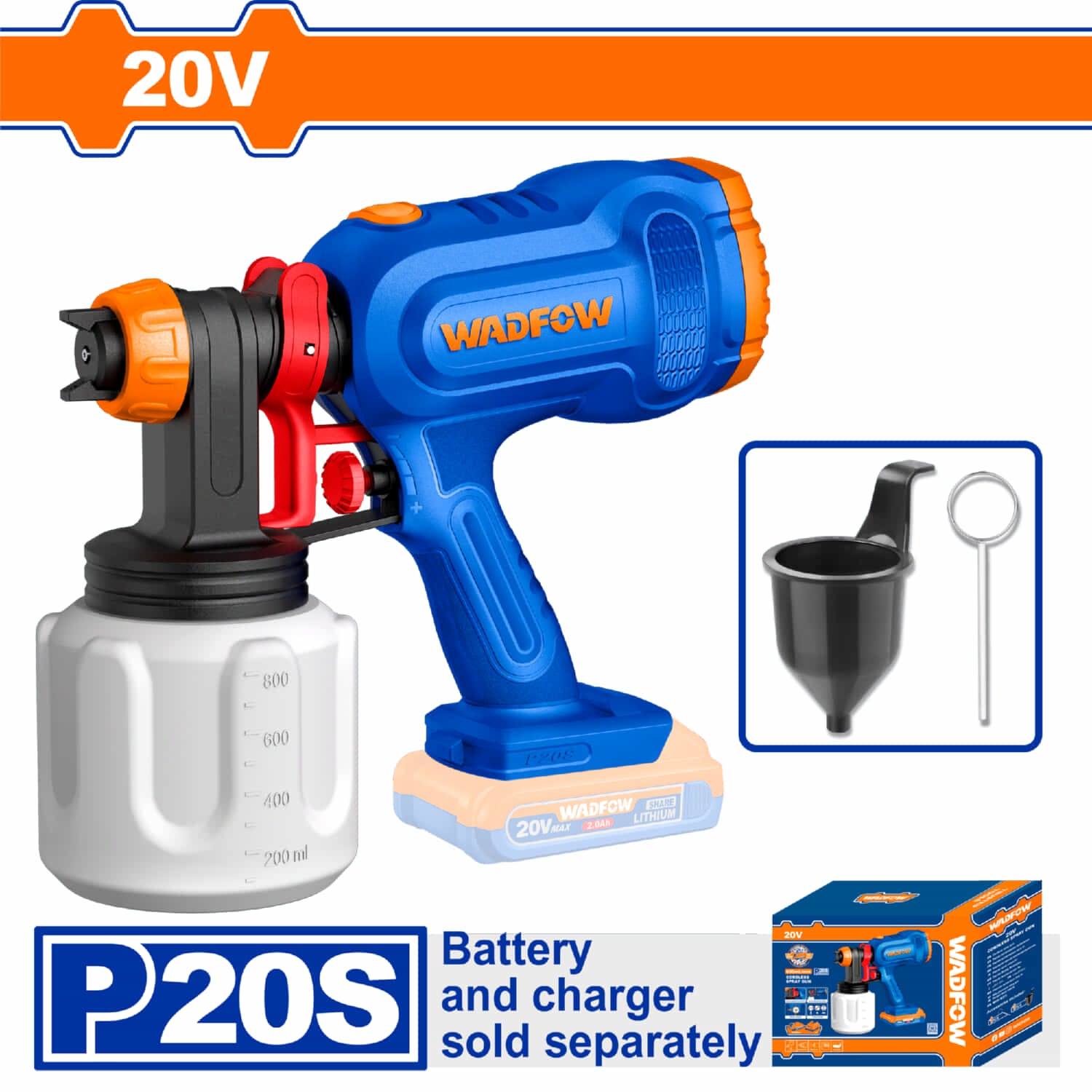 Pistola de pintar inalámbrica 20V Presión de pulverización: 0.1-0.2Bar Flujo máximo: 650mL/min Viscosidad máxima: 100DIN-s Capacidad 800ml. No incluye Batería ni cargador.