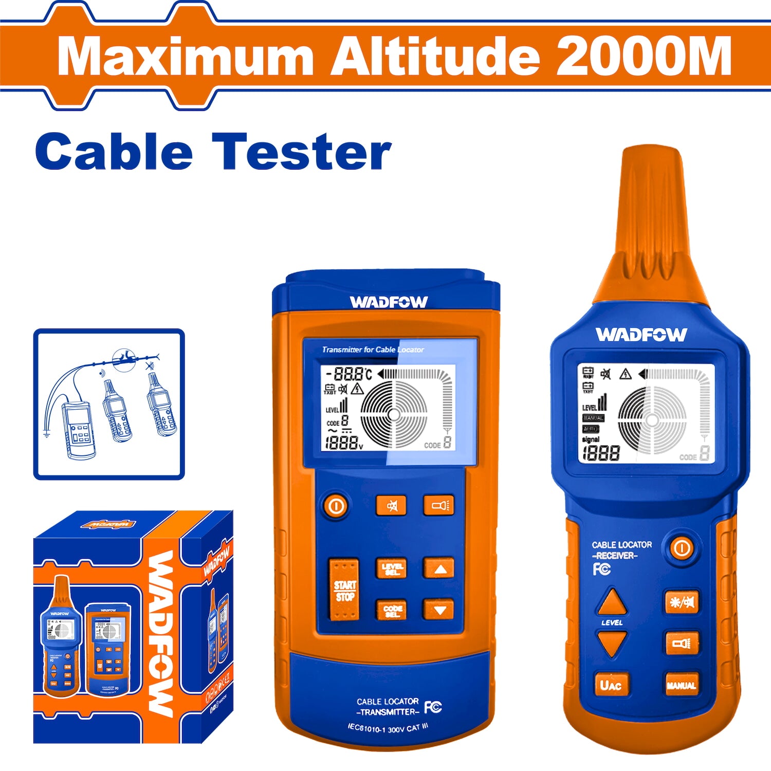 Probador de cables. Altitud máxima de recepción: 2000M. Seguimiento 2.5m. Incluye accesorios.