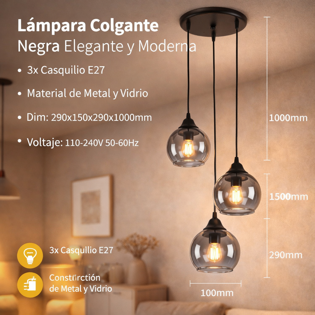 Lámpara Colgante Negra 3XE27 Moderna Iluminación Decorativa en Metal y Vidrio