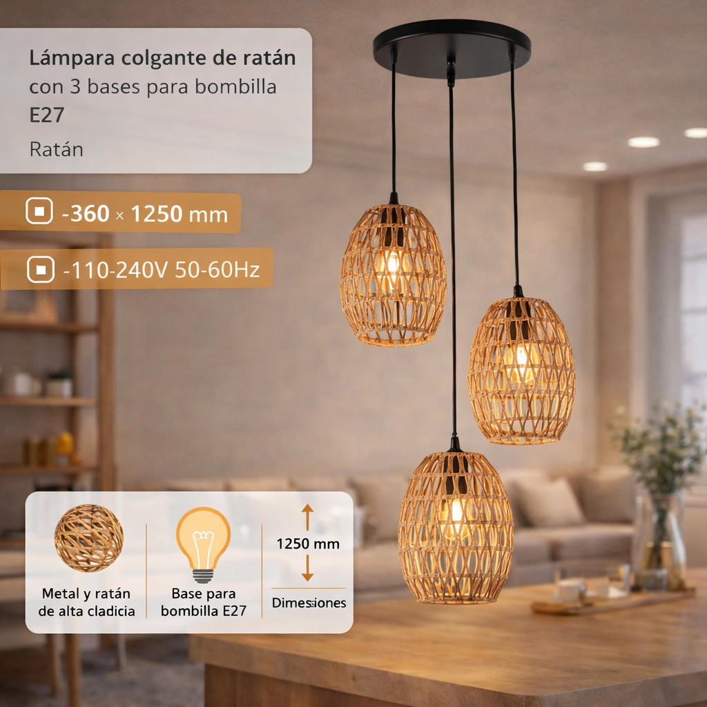 Lámpara Colgante de Rattan Madera 3XE27 360x1250mm Elegancia Natural