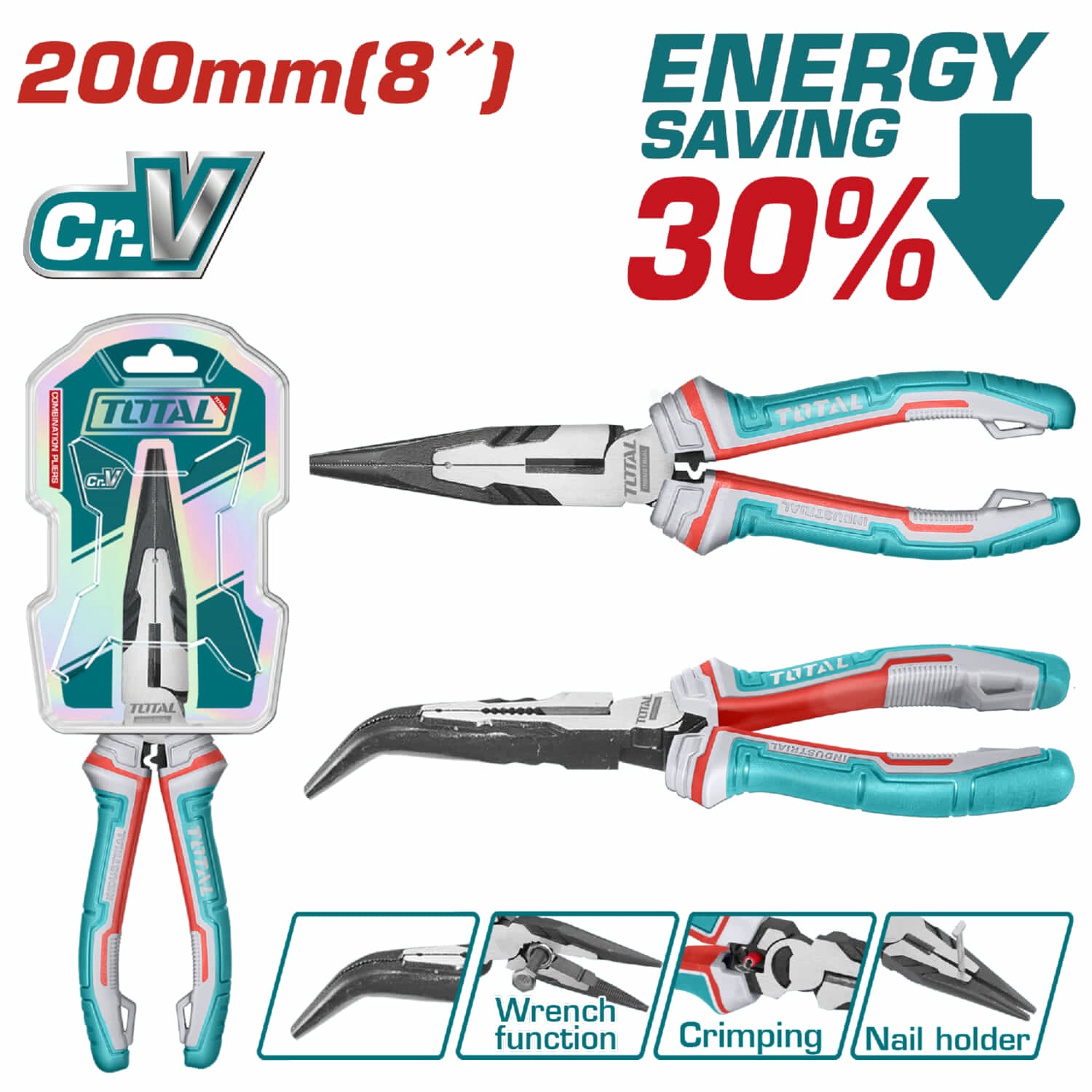 Alicates de punta doblada de alto apalancamiento 8" Ahorro de energía 30% Cr-V. Tratamiento superficial. Acabado negro y pulido. Con función de engarzado, corta uñas y llave inglesa.