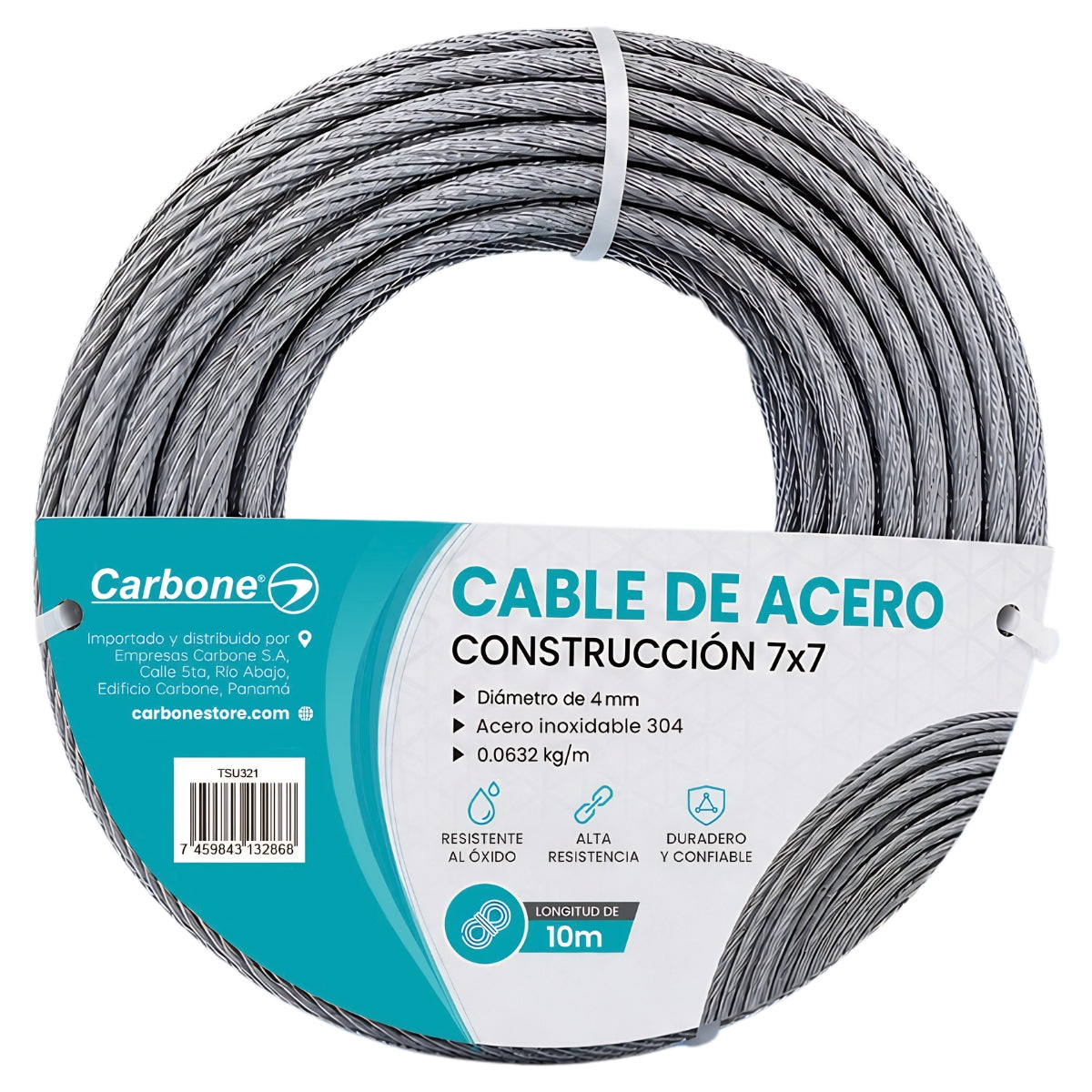 Guaya De Acero Inoxidable 304. Cable Metálico 7x7 de 0.0632 kg/m Para Tensar Y Sujetar (4mmx10m)