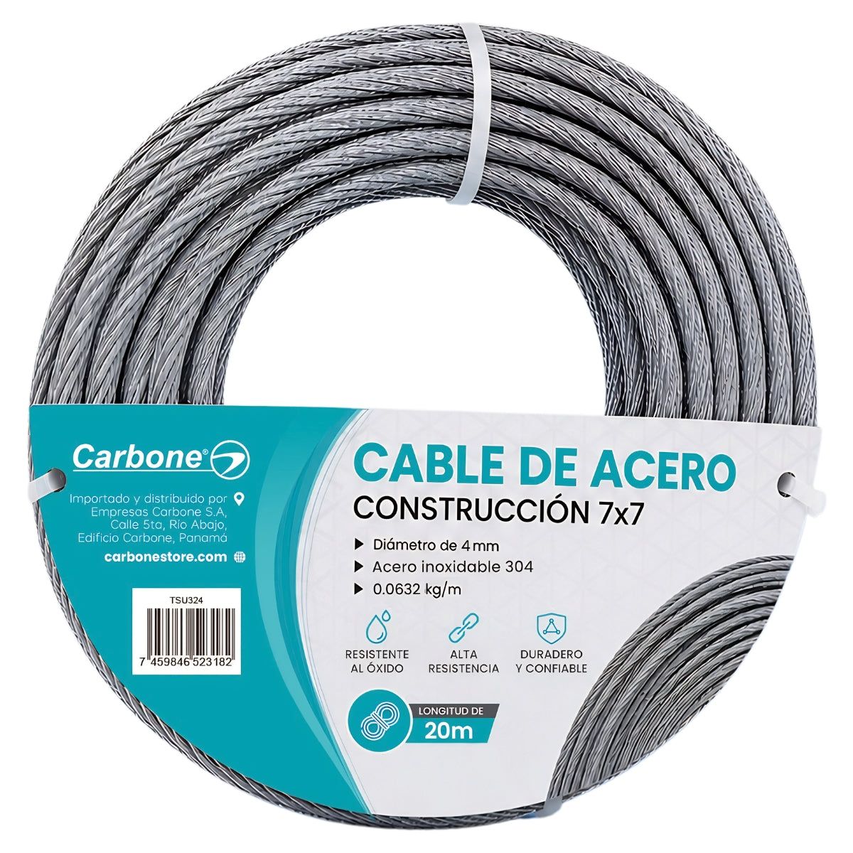 Guaya De Acero Inoxidable 304. Cable Metálico 7x7 de 0.0632 kg/m Para Tensar Y Sujetar (4mmx20m)