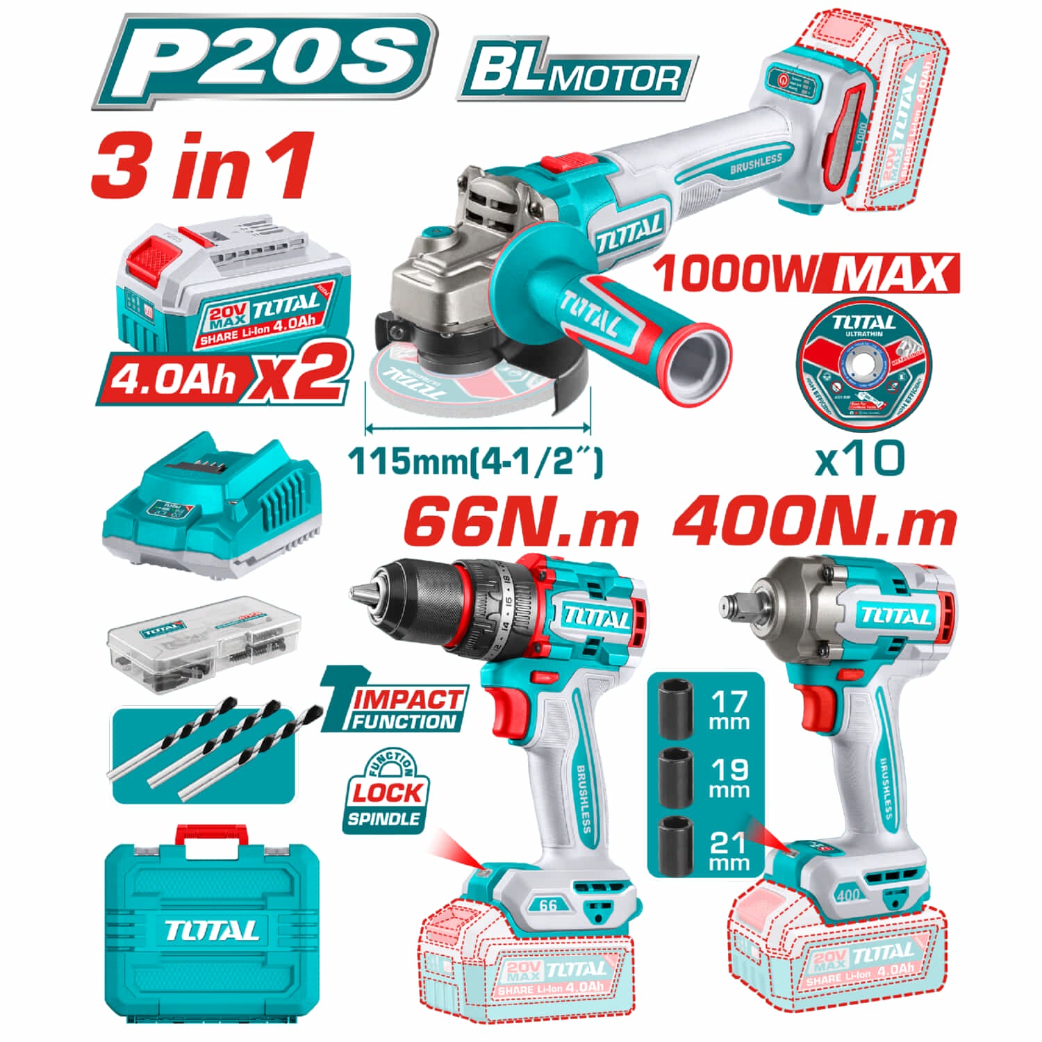 Combo Del Mes Total 20V Motor sin escobillas Pulidora Angular 1000W 4-1/2’‘ Taladro Percutor Compacto 66Nm Llave de Impacto 1/2'' 400Nm Incluye Batería, cargador y accesorios POCAS UNIDADES