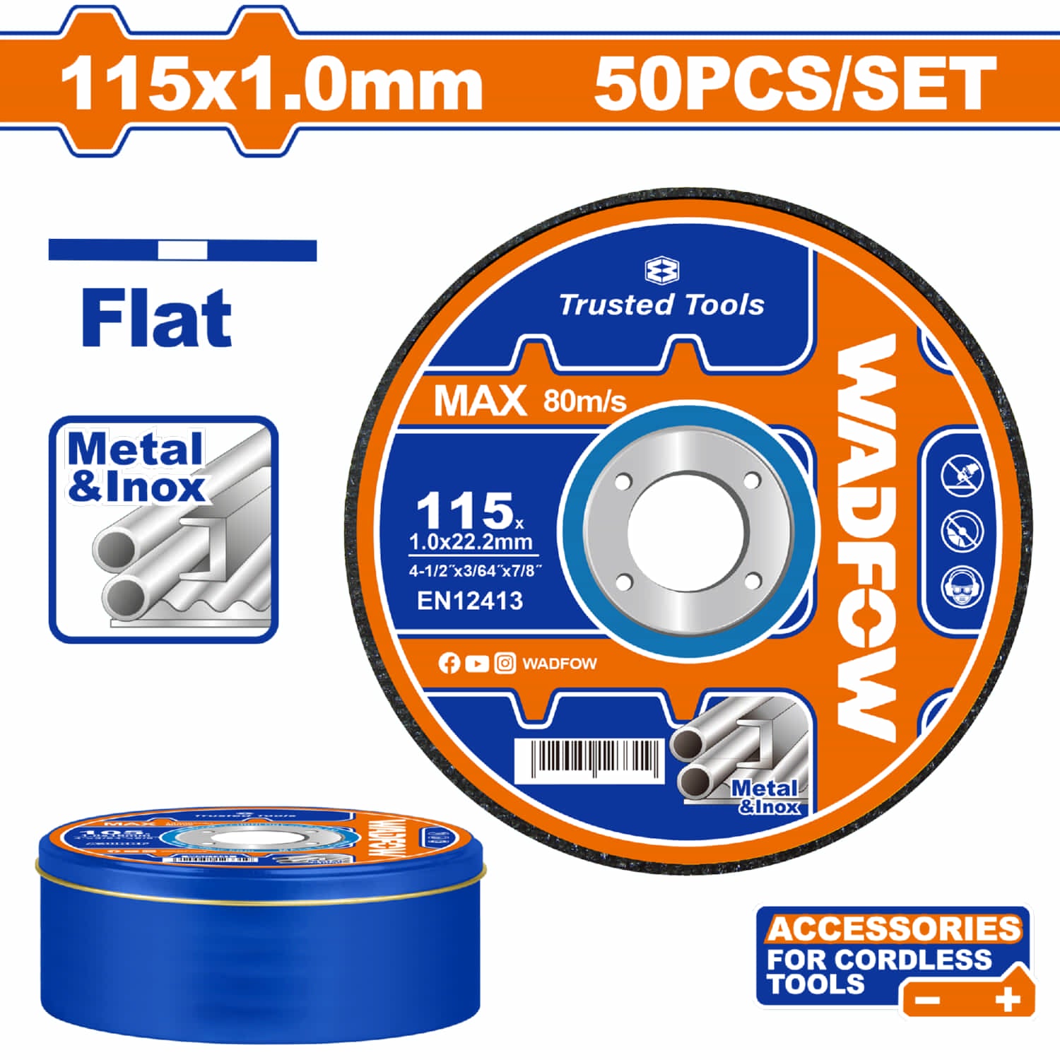 Disco Corte de Metal y Acero Inoxidable 4 1/2" 115x1.0mm. Plano. Velocidad 13,300rpm Ideal para herramientas inalámbricas. Set de 50 piezas.