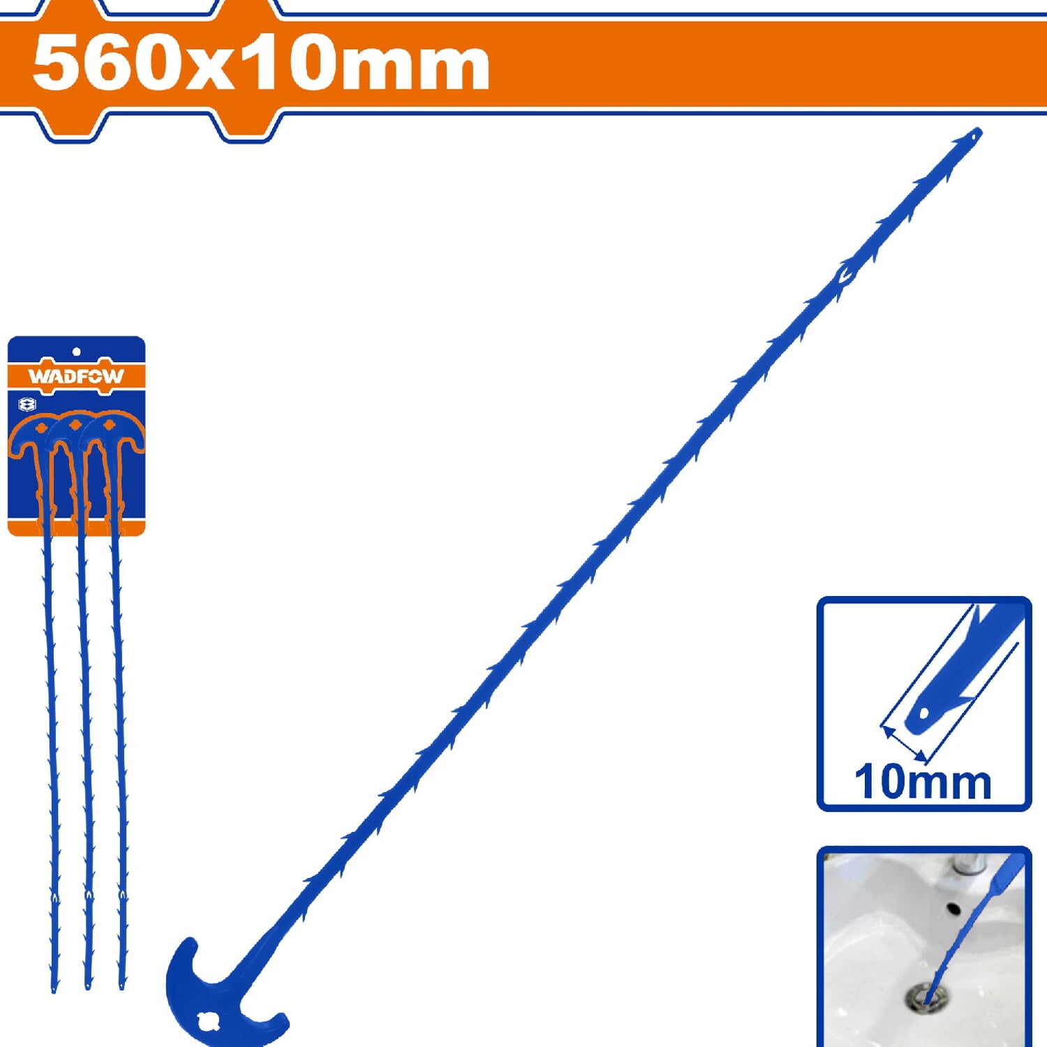 Destapacaños Limpiador de Drenaje tipo cepillo 560x10mm. Elimina cabellos y destapa baño. Set (3)